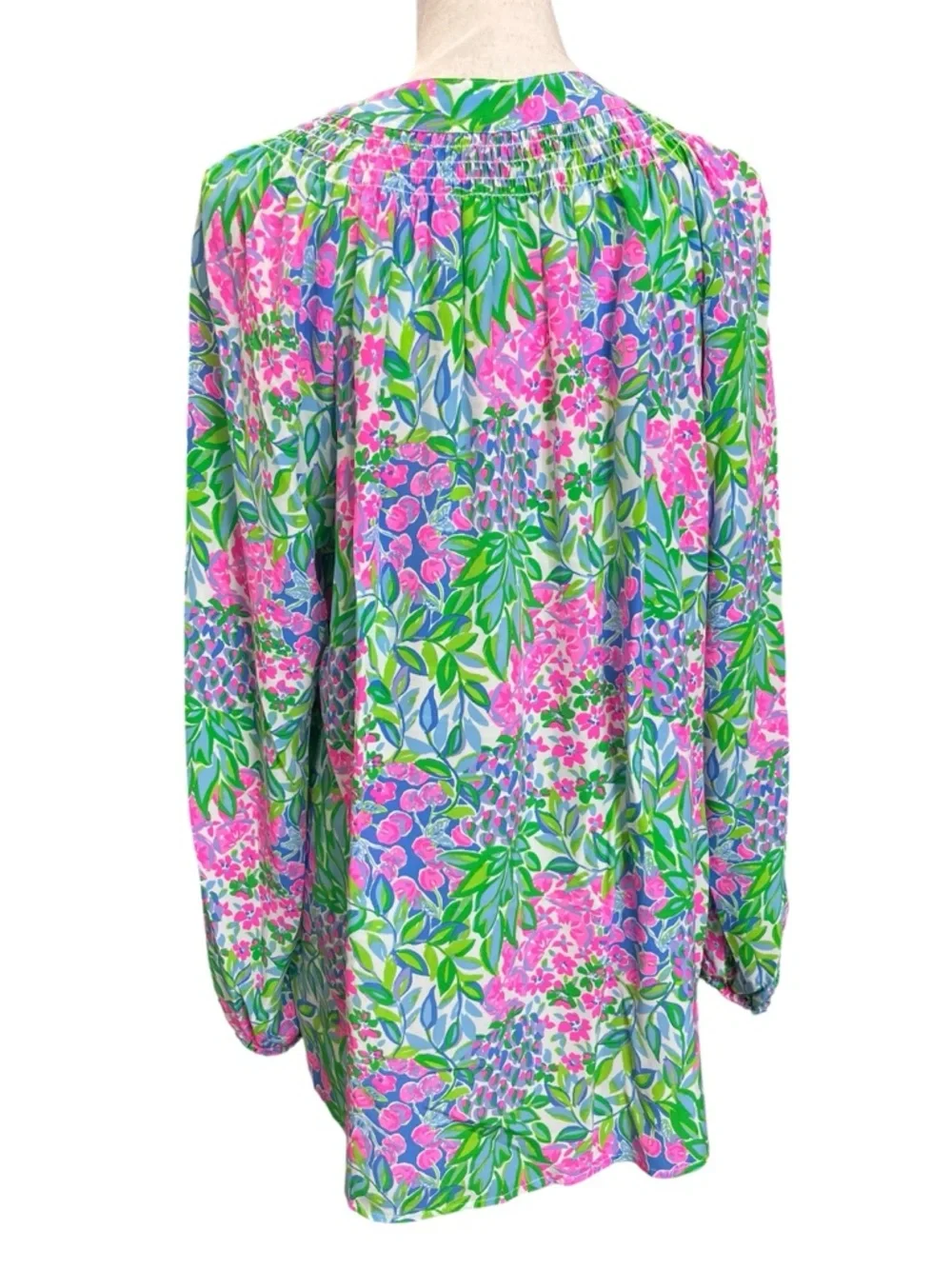 Lilly Pulitzer 100% Silk Floral Blouse XL Pink Green Blue Resort Preppy Top - Picture 4 of 8
